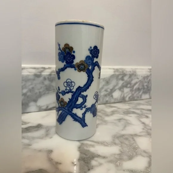 Chinese Porcelain Ceramic Blue White Plum Blossoms Vase Brush Pot 7” T